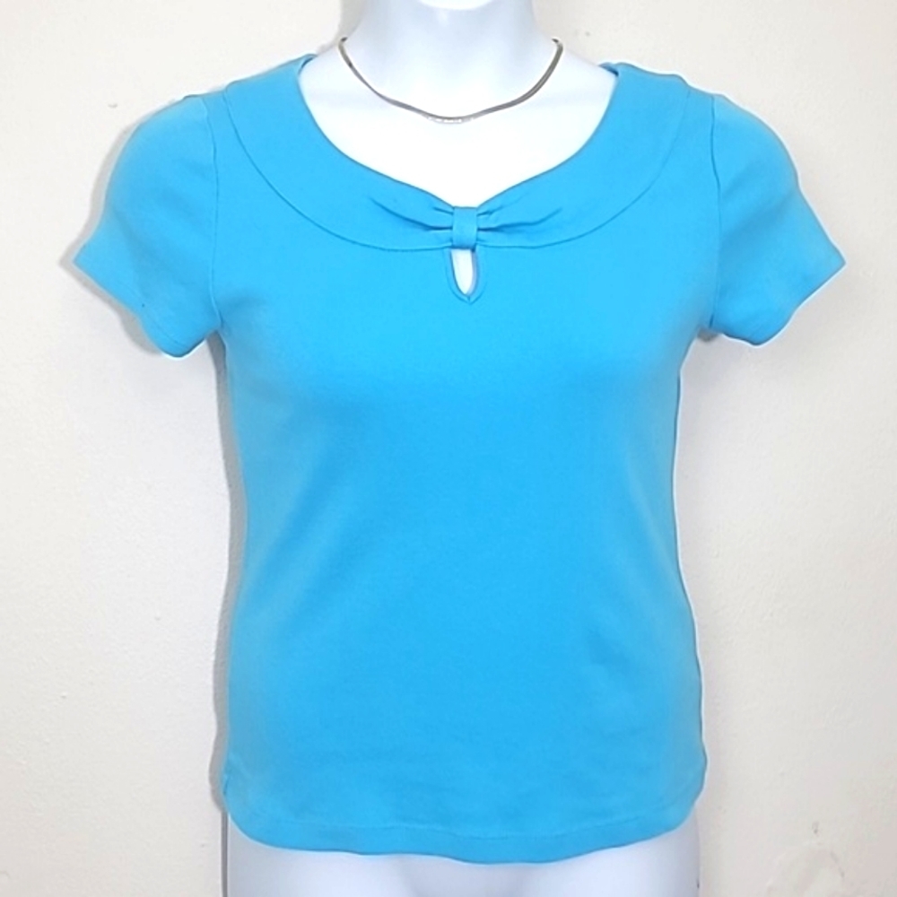 T-shirt Short Sleeve Boat Neck Bow Sky blue 100% Cotton Feminine Fairycore Small